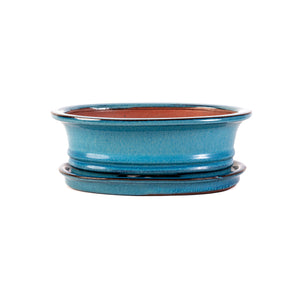Assorted Glazed Bonsai Pots with Saucer, 8" -  Light Blue Oval with  matching saucer, 20 x 16 x 6cm - Pots