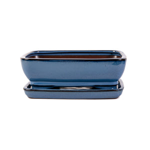 Assorted Glazed Bonsai Pots with Saucer, 8" -  Blue Rectangular with matching saucer, 20 x 16 x 6cm - Pots