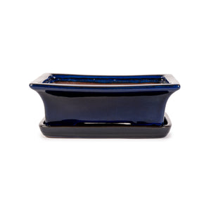 Assorted Glazed Bonsai Pots with Saucer, 8" -  Dark Blue Rectangle Decorative Corners with matching saucer, 20 x 16 x 6cm - Pots