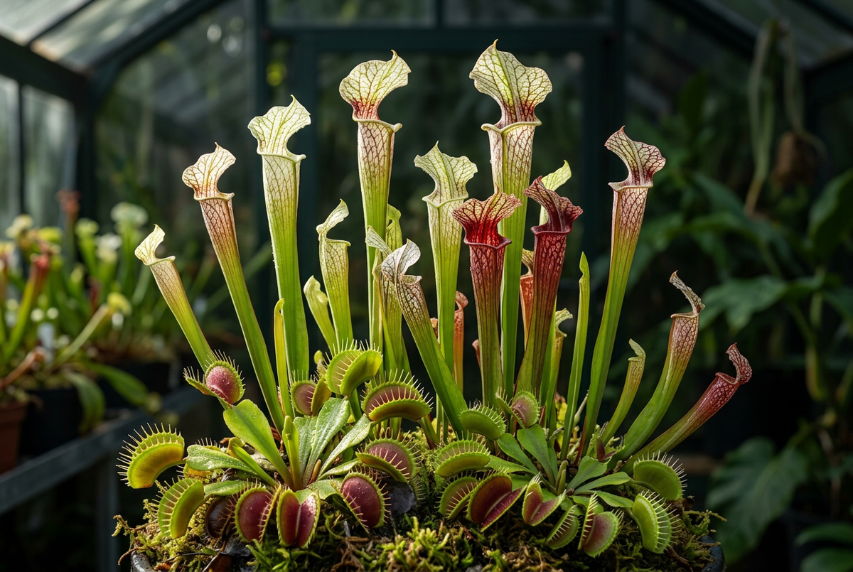 Carnivorous plant collection banner featuring Venus flytraps and Sarracenia pitcher plants