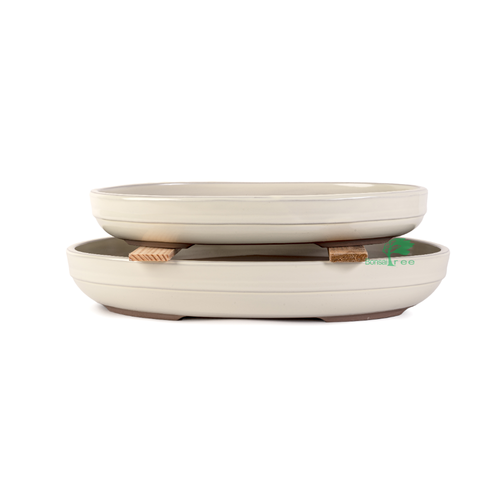 Japanese Shiro Glazed, Banded Oval Containers -   - Pots