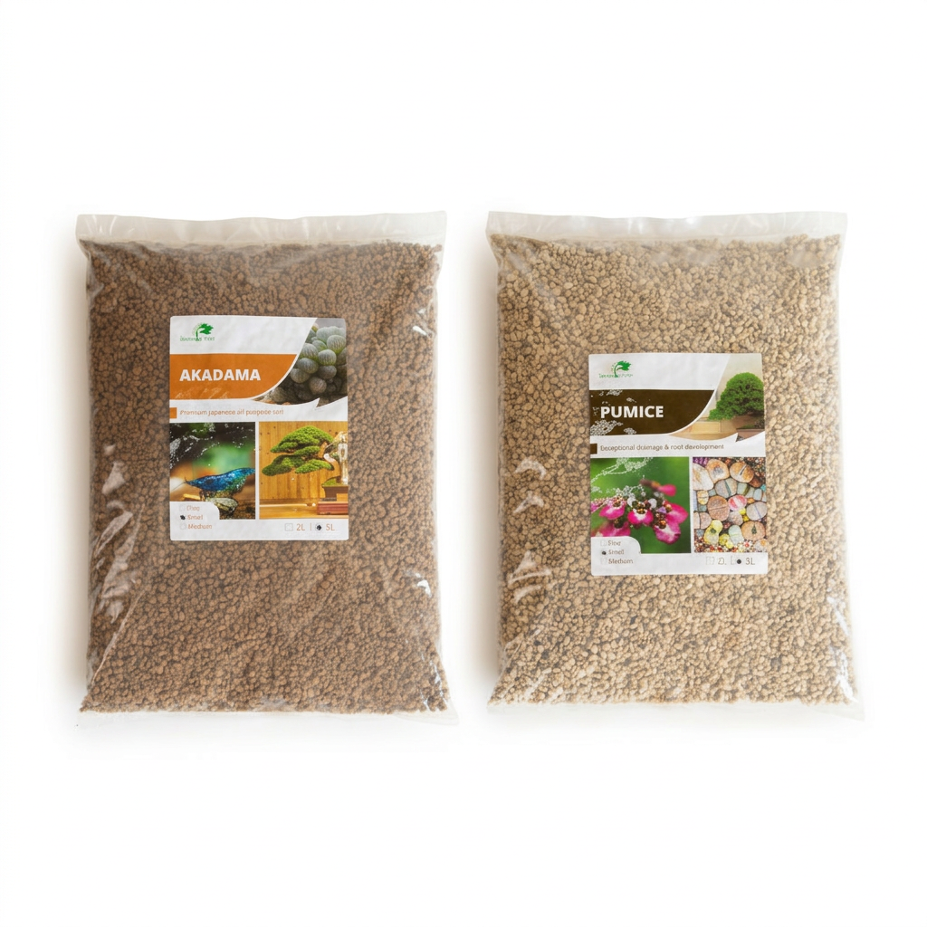 5L akadama and Hyuga pumice combination on a seamless white background with soft shadows