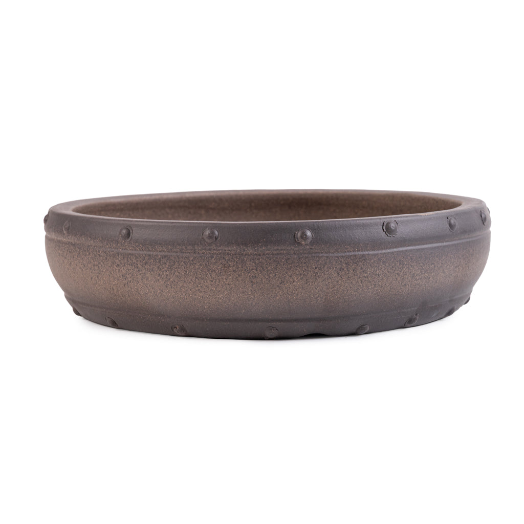 Chinese high quality, unglazed round, 250 x 60mm - Dark with patina - Pots