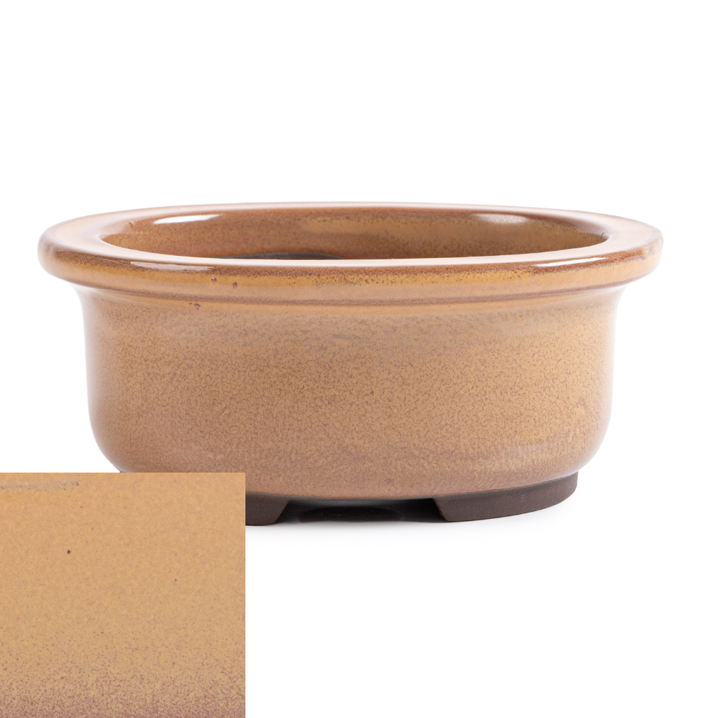Japanese Glazed Deep Oval Container, 130 x 110 x 55mm - Mustard Yellow - Pots