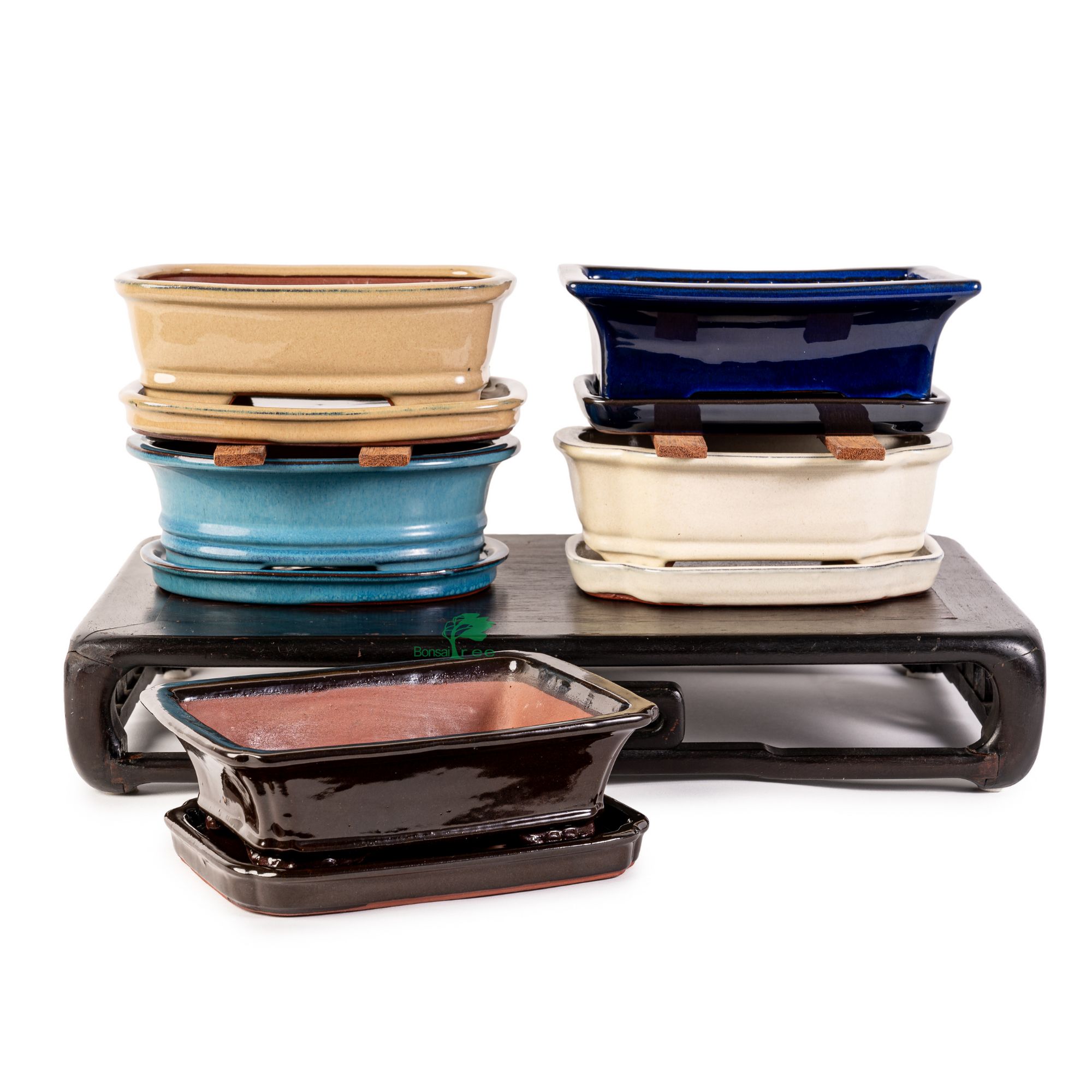 Assorted Glazed Bonsai Pots with Saucer, 8" -   - Pots