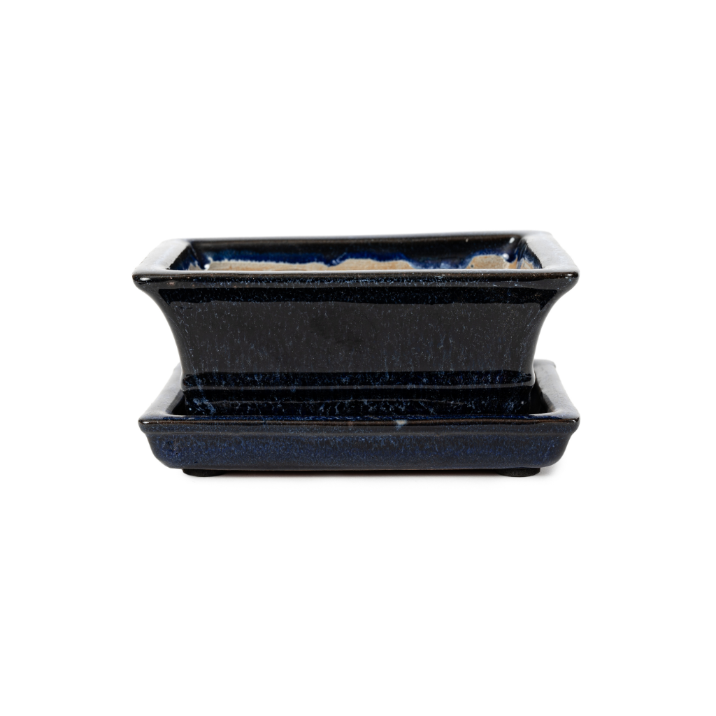 Assorted Glazed Bonsai Pots with Afixed Saucer, 6" - Dark Ash Blue Rectangular with afixed saucer, with mesh and wire, 15 x 11 x 7cm - Pots