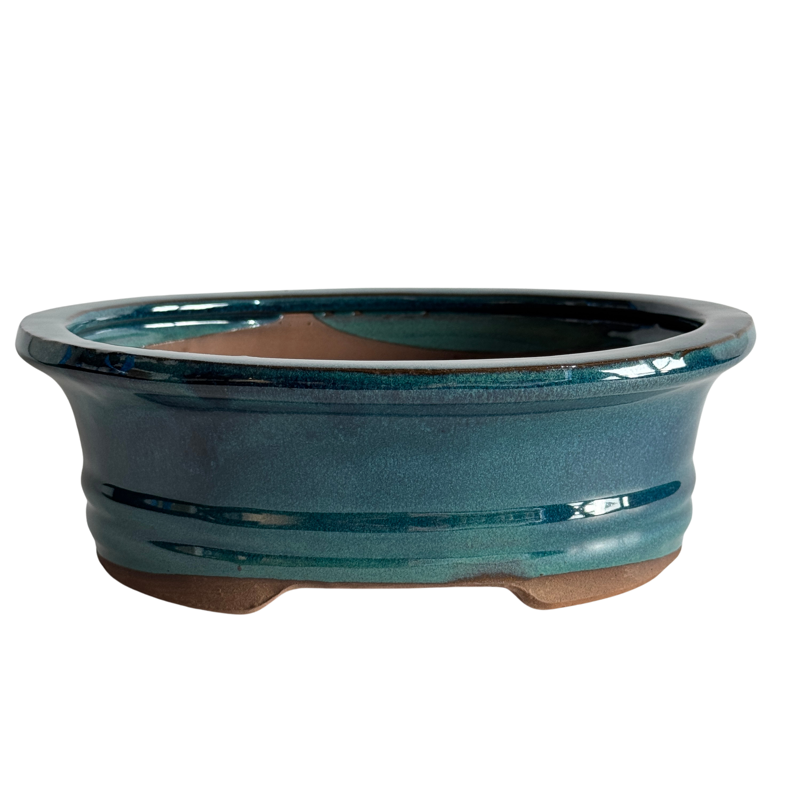 Assorted Glazed Bonsai Pots, 6" - Banded Green Oval, 15 x 13 x 5cm - Pots