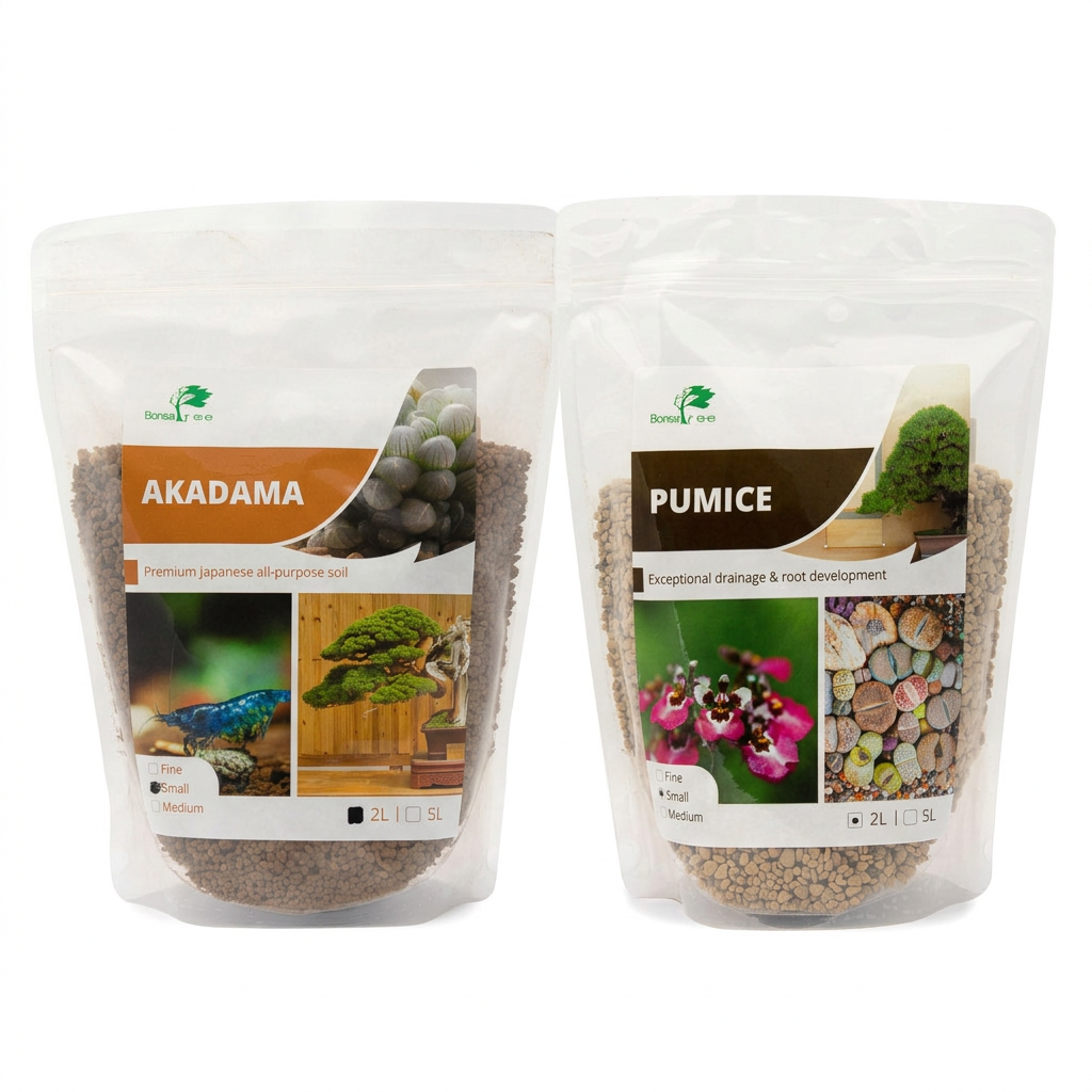 Akadama and Hyuga pumice paired 2L bags on a seamless white background