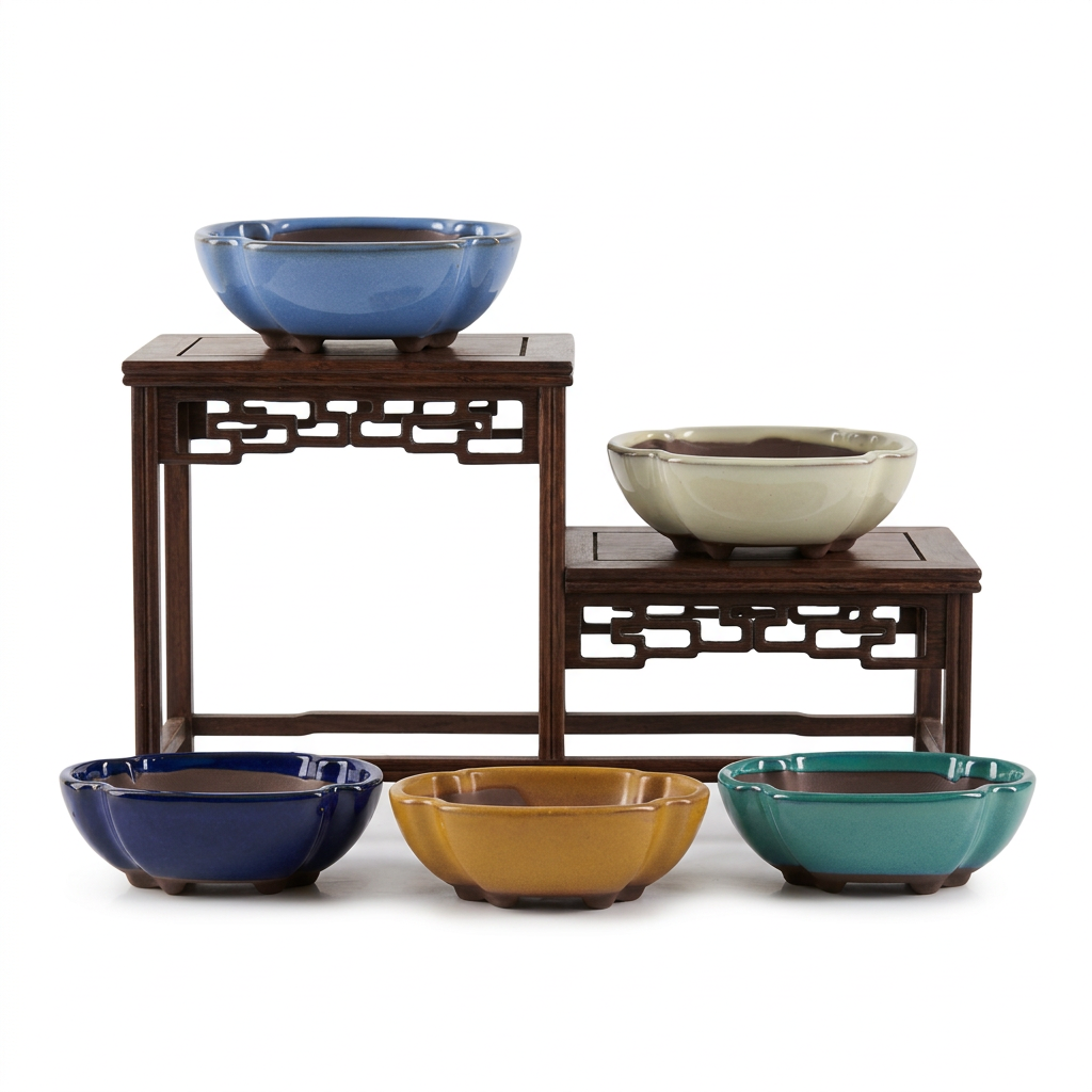Five Mokko ceramic pots on an oriental-style wooden stand