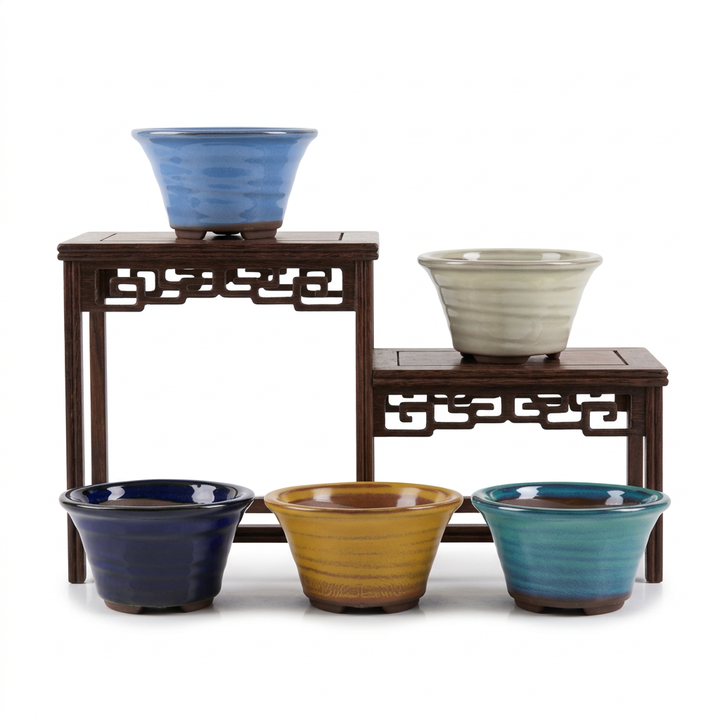 Five round ceramic pots arranged on an oriental-style wooden stand