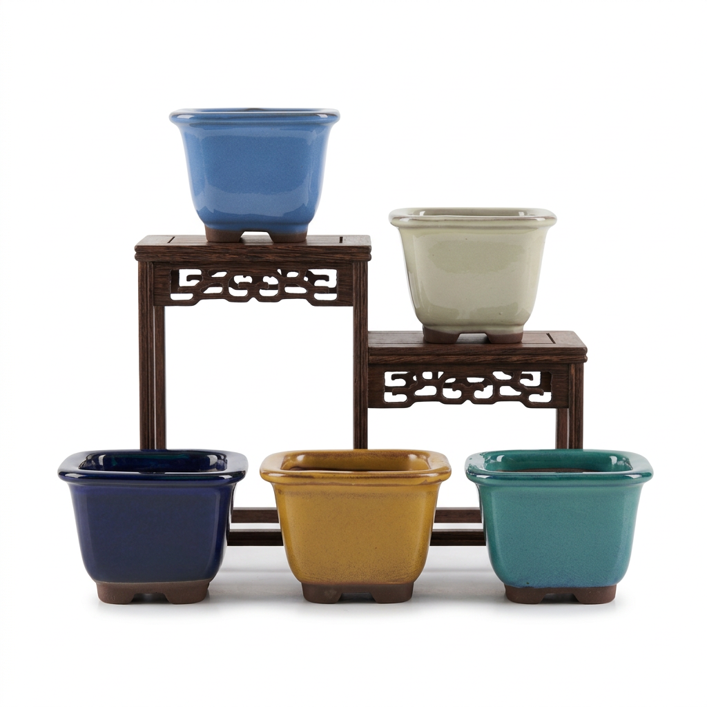 Five tall square ceramic pots on an oriental-style wooden stand