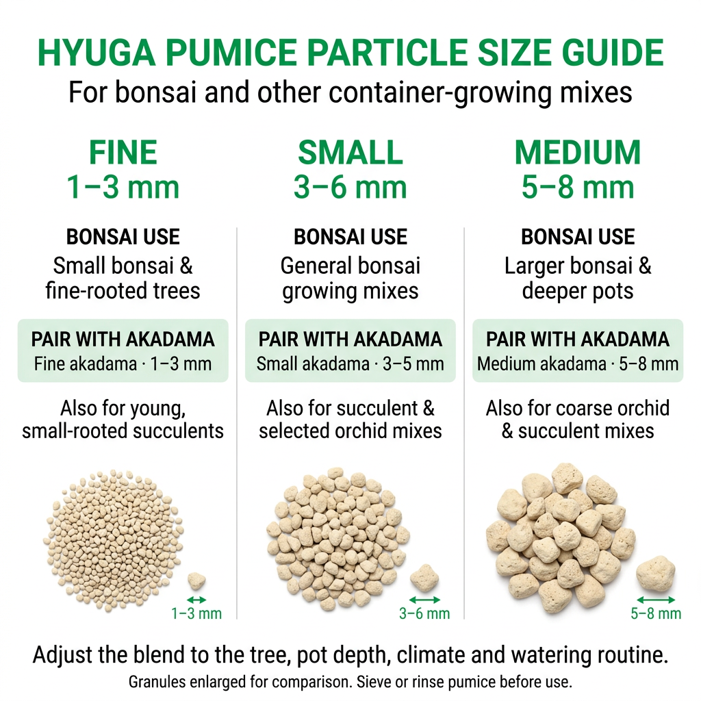Hyuga pumice guide with bonsai uses and matching akadama grades