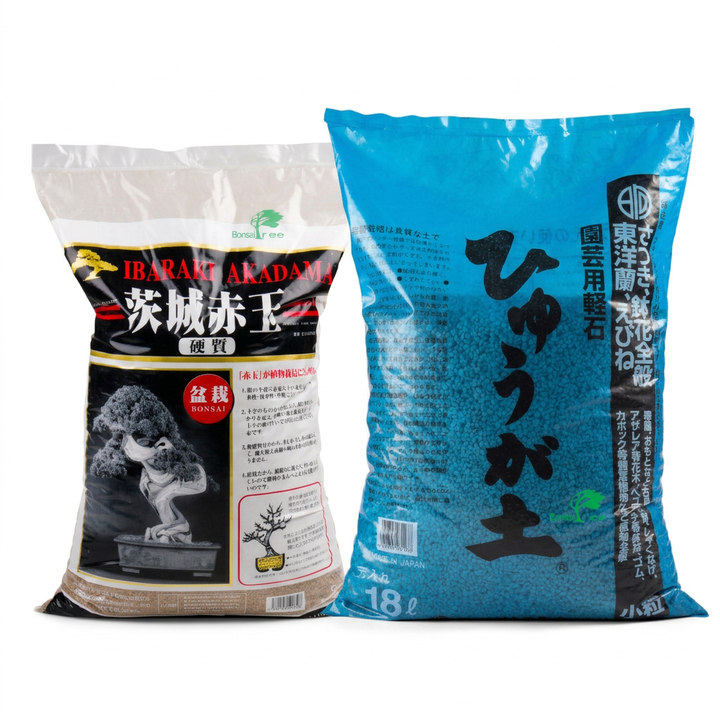 Original Japanese akadama and Hyuga pumice bags together on a white background
