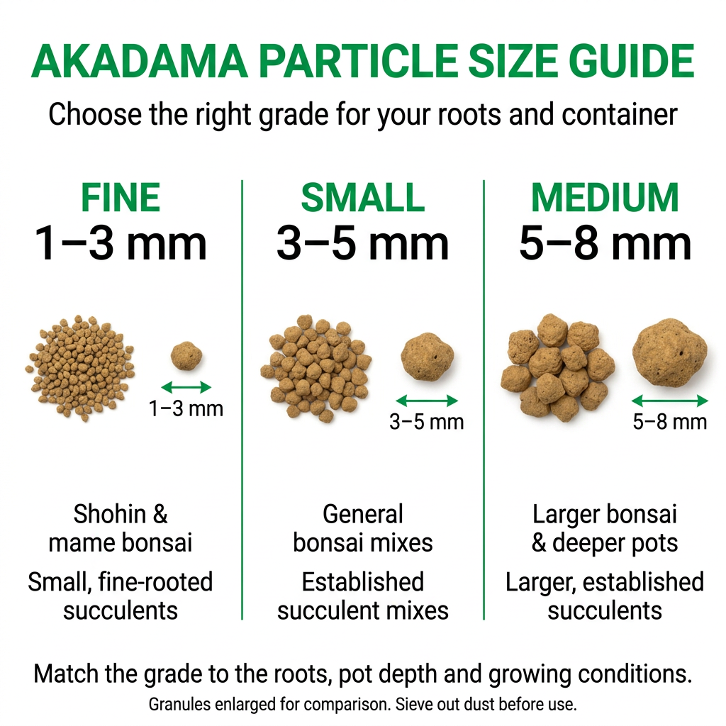 Square akadama particle size infographic
